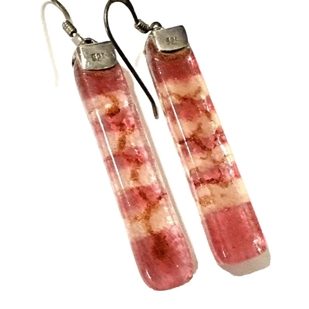 Artisan Lampwork Glass Bar Earrings Pink Gold Horizontal Stripe 925 Silver 1.5